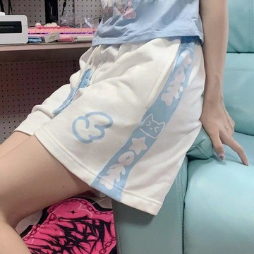 臺灣出貨🎊日系甜美電波印花軟妹新款可愛高腰寬鬆運動抽繩休閒短褲夏女學生大減價🎁