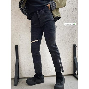 秋季韓版寬松復古水洗拉鏈仿牛仔