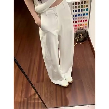 58060L_大尺寸白色天絲寬腿休閒褲女大碼胖mm高腰顯瘦寬鬆拖地褲