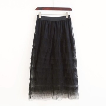 網紗蛋糕層半身裙 女夏季新款中長款黑裙子 條紋高腰蓬蓬裙 I/3-1