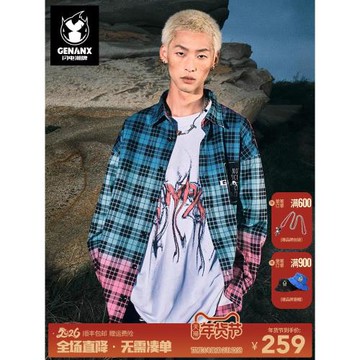 GENANX閃電潮牌格紋襯衫男炫彩拼色漸變色印花直筒寬松潮長袖上衣