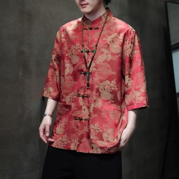 唐裝男夏季薄款冰絲短袖襯衫中國風男裝復古龍紋印花新中式漢服男