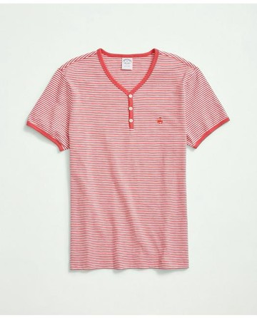 Brooks Brothers Men's Short-Sleeve Striped Slub Cotton Henley | Red | Size XL