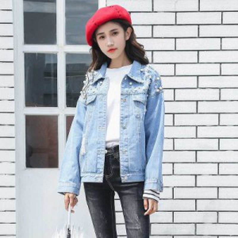 レディース デニムジャケット ビーズ付き ジージャン Gジャン アウター 秋 冬 ボーイッシュ メンズライク ライトブルー M L 通販 Lineポイント最大6 0 Get Lineショッピング