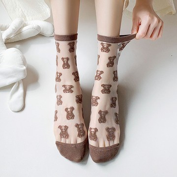 女襪 卡通小熊襪子 透明jk蘿莉塔長襪 夏季超薄日系中幫襪 卡絲水晶襪