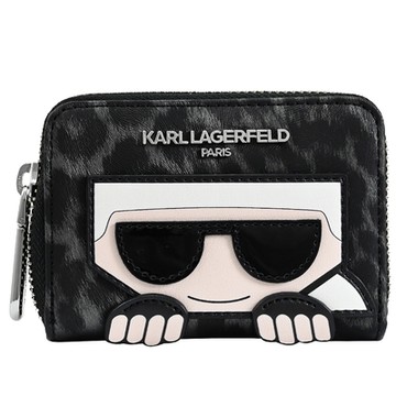 KARL LAGERFELD 卡爾公仔豹紋印花ㄇ字拉鍊卡夾零錢包(黑灰)