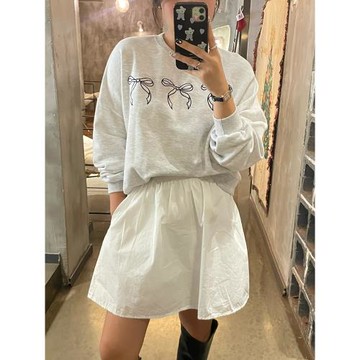 韓國春薄款女裝圓領內搭蝴蝶結刺繡衛衣灰寬松套頭無帽小個子上衣