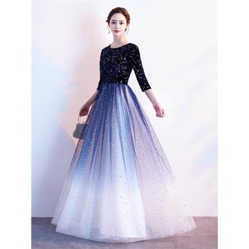 藍色漸變晚禮服輕奢小眾高端高級感名媛氣質大合唱團演出服女長裙