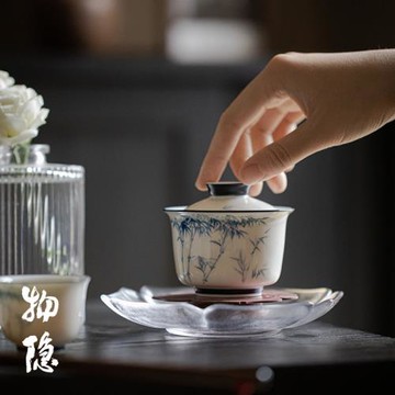 物隱堂丨玉瓷青花手繪蓋碗茶杯家用陶瓷釉下彩竹子泡茶碗功夫茶具