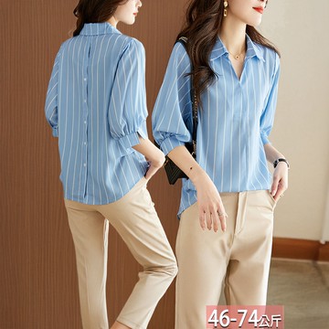 翻V領背排釦條紋上衣 M-2XL【365988X】【現+預】☆流行前線☆