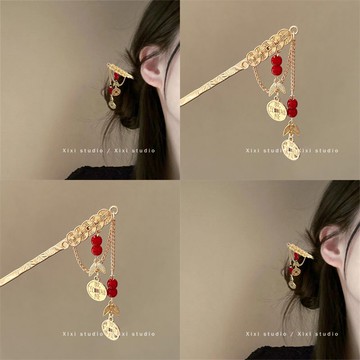 財源滾滾!金色銅錢竹葉發簪!新中式流蘇簪子新年頭飾發釵盤發器 z803