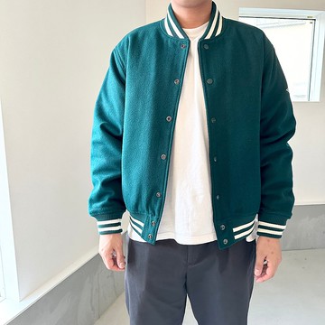 【男女同款】鋪棉羊毛混紡×菱格絎縫 保暖棒球外套【檯球綠】