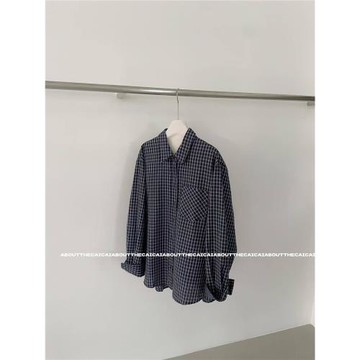 CAICAI翻領格紋長袖襯衫女秋季新款簡約寬松休閑百搭上衣2597