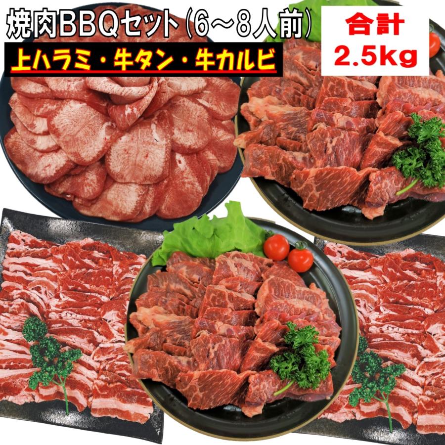 肉 牛タン 牛肉 焼肉セット バーベキュー 食材 ハラミ 薄切り 牛カルビ バラ 牛上ハラミ  バーベキューセット食材 焼肉 ２.5kg  6〜8人前