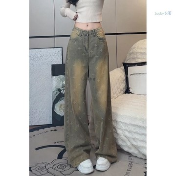 絕不撞衫！十字星滿印重工牛仔褲｜大碼專屬設計｜復古做舊水洗｜寬鬆遮肉顯瘦｜春秋必備神褲