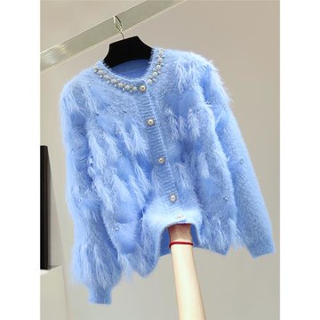 羽毛拼接圓領馬海毛針織衫韓版高腰短款重工釘珠流蘇純色長袖毛衣