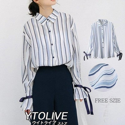 シャツ ブラウス トップス レディース ストライプ 袖リボンブラウス 襟付き スリーブ 配色ストライプブラウス 通販 Lineポイント最大get Lineショッピング