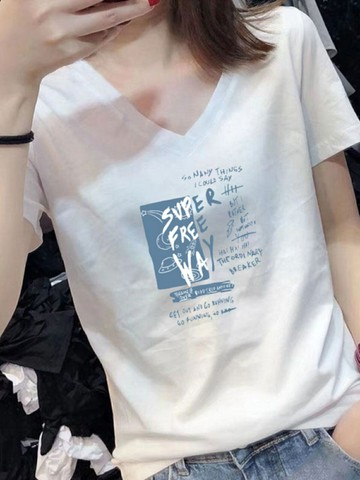 V領短袖t恤女2023年夏季新款白色純棉洋氣寬松顯瘦百搭上衣體恤衫鑫弘-素時衣櫥