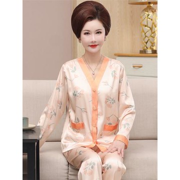 睡衣女春秋夏薄款冰絲綢媽媽長袖大碼可外穿高級感女士家居服套裝