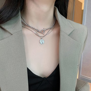 圓牌人頭像多層疊帶項鏈女ins冷淡風鎖骨頸鏈小眾設計感網紅氣質