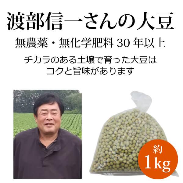 北海道産 無農薬大豆 渡部信一さんの大豆約1kg 品種は音更大袖 無農薬 無化学肥料栽培30年の美味しい大豆 渡部さんは化学薬品とは無縁の生産者