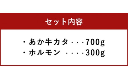 熊本県西原村産 あか牛 赤身 焼肉セット 合計1kg （カタ700g・ホルモン300g） 肉 お肉 牛肉