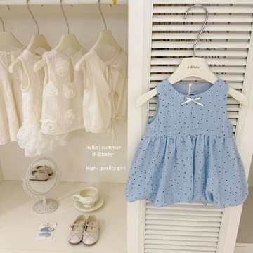 ❤️AL❤️ 女童連衣裙 女童夏裝 女童公主裙 女童無袖蝴蝶結連衣裙夏季藍色波點花苞裙女寶寶韓版甜美公主裙子