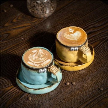 復古風陶瓷咖啡杯水杯馬克杯做舊戶外下午茶杯子銀珠粗陶杯碟套裝