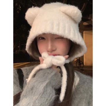 顯臉小可愛小熊耳朵帽子女大頭圍針織包頭帽秋冬季保暖護耳毛線帽