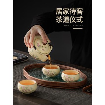 米黃汝窯蓋碗手抓壺女士精致茶具一壺二杯單人防燙泡茶壺功夫茶具
