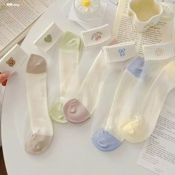 夏季輕薄透氣水晶絲襪子女短襪純棉底透明玻璃絲可愛卡通韓版運動