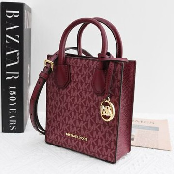 MICHAEL KORS MERCER 經典MK印花皮革迷你兩用手提包/紙袋包(莓果紅)