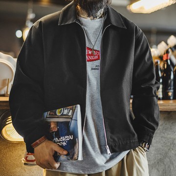 馬登工裝 美式教練夾克翻領痞帥硬挺重磅短版黑色廓形純棉外套男秋