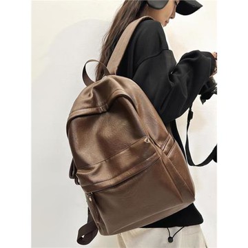 書包女大學生高中生初中生簡約百搭復古PU皮質雙肩包2024新款背包