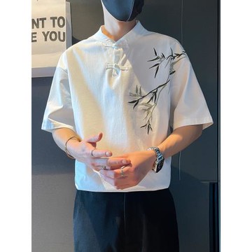 新中式短袖襯衫男竹子刺繡寸衫垂感上衣2025新款夏季薄款半袖襯衣