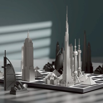 豪華不鏽鋼 城市西洋棋-世界地標版 (木質棋盤) 世界國際地標版