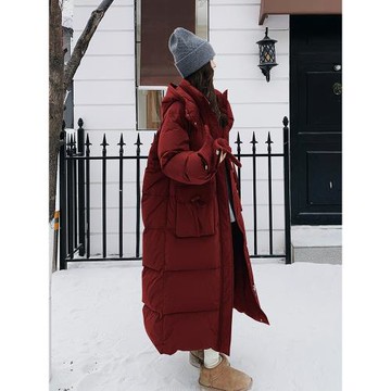 紅色長款過膝羽絨棉服女2025冬新款加厚保暖設計感連帽面包服棉衣