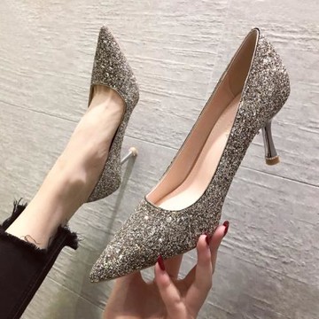 婚鞋新娘鞋高跟鞋女春銀色水晶亮片高級感低跟3cm5cm秀禾婚紗兩穿