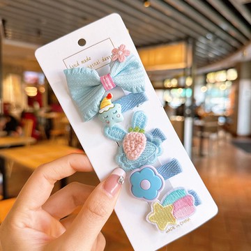 甜美可愛布藝髮夾(五入組)-蝴蝶結+流星-藍色