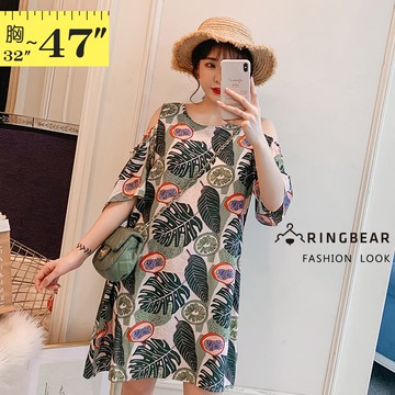 洋裝--浪漫甜美圓領挖肩荷葉袖草本印花連身裙(綠M-3L)-D577眼圈熊中大尺碼