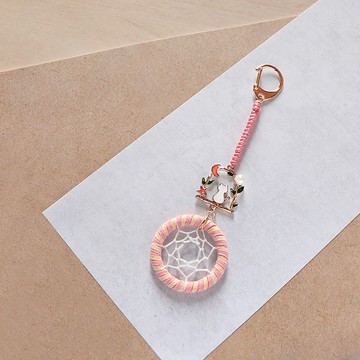 仰望星月の貓丨手作雙色 編織 禮物 捕夢網 包包吊飾-玫瑰粉