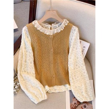 韓系甜美針織馬甲疊穿蕾絲長袖襯衫女2025春秋新款設計感兩件套裝