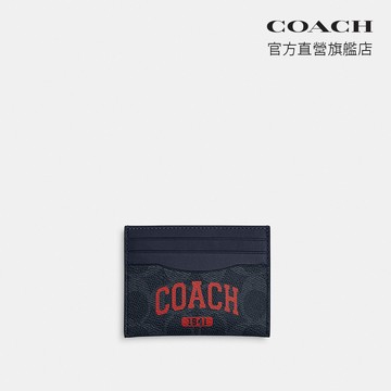 【COACH】經典SIGNATURECOACH圖案纖巧型證件卡夾-午夜藍色 海軍藍色/大紅色(CBJ95)｜官方直營