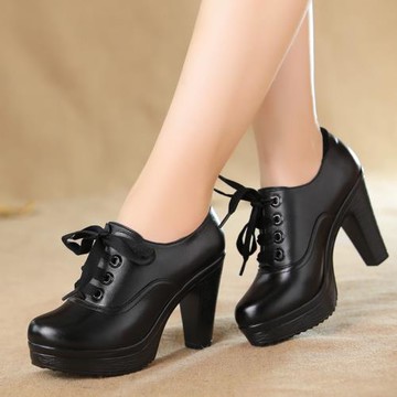 春秋季女鞋粗跟高跟中跟系帶真皮工作防水臺厚底女士單鞋職業皮鞋