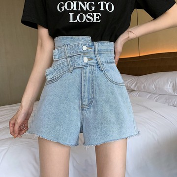 夏季新款高腰顯瘦設計感闊腿毛邊不規矩牛仔短褲女褲子潮