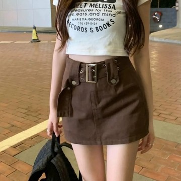 【gumigumi】歐美復古高腰棕色牛仔短裙女 顯瘦a字裙 性感 包臀裙  裙褲女 超短裙  夏 短裙女 ins