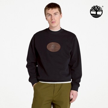 Timberland 男款黑色皮革徽章圓領長袖上衣|A6NCQ001