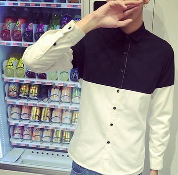 【JP.美日韓】簡約　拚色襯衫　質感佳　襯衫　拼接　潮流襯衫　灰色　黑白拚 一件650