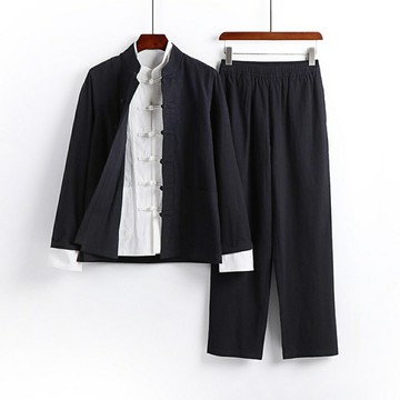 現貨+預購 新中式棉麻上衣棉麻襯衫唐裝上衣褲裝日系亞麻罩衫休閒男裝-套裝漢服4色74ll26【獨家進口】【米蘭精品】