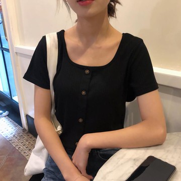 小設計女上衣夏季小方領純色坑條短袖打底衫修身顯瘦短款T恤1入